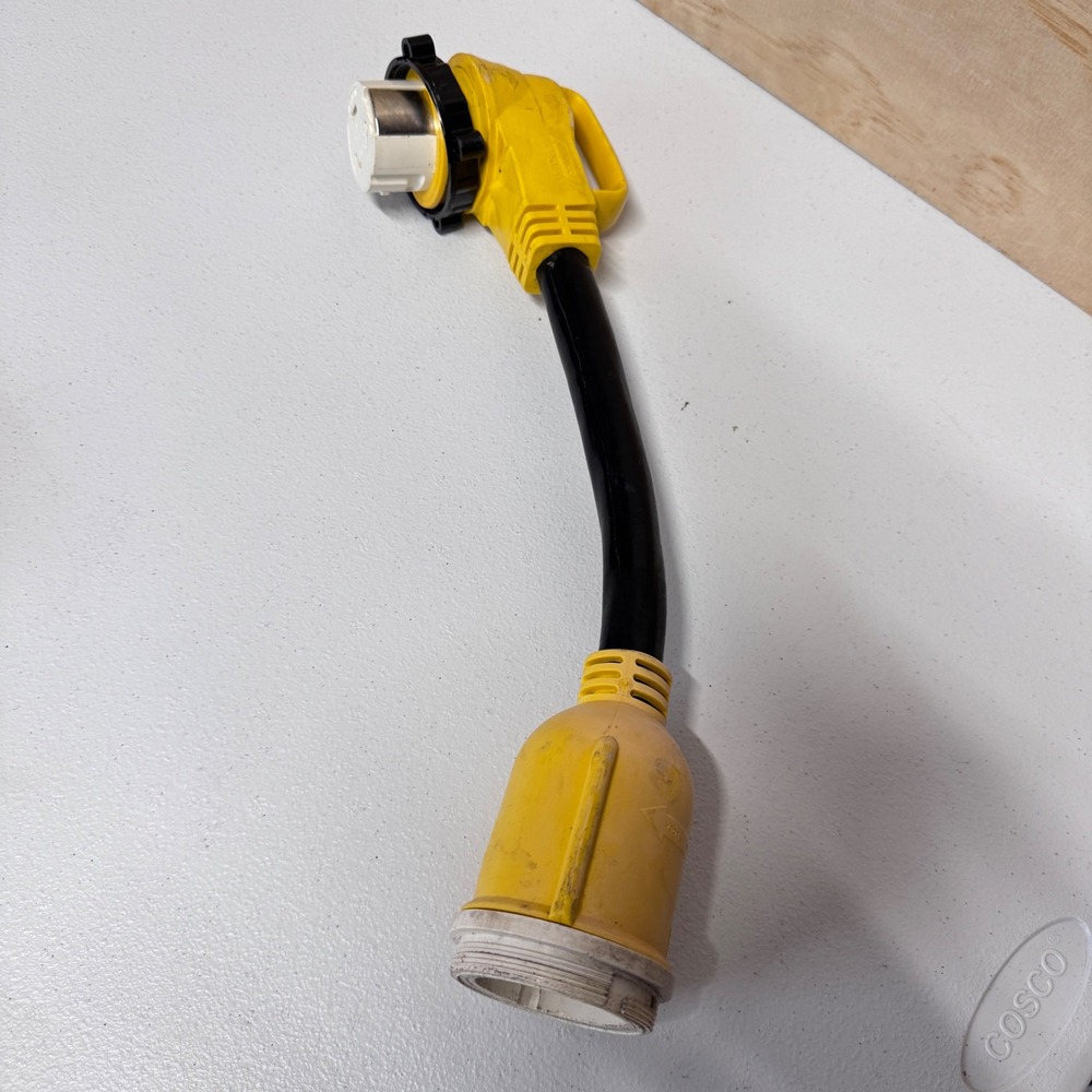 Camco RV Power Cord Adapter 50 Amp Yellow 90 Degree Locking SS2-50R90